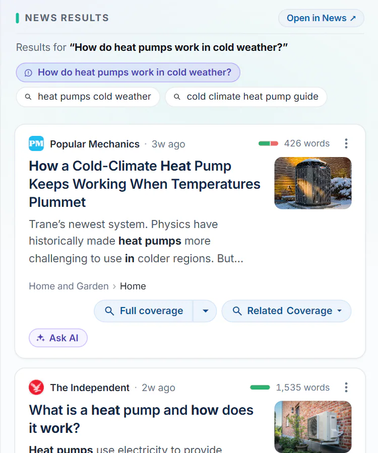 The News results column beside an AI Mode chat: its title and Open in News link, a line saying what was searched, and result cards with an Ask AI button